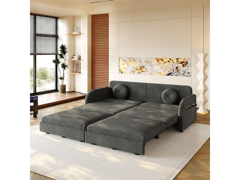  Canapé-lit canapé 3 places couchage d'appoint extensible fonction couchage 3-en-1 coussins amovibles poches de rangement latérales revêtement en chenille gris  - Conforama E