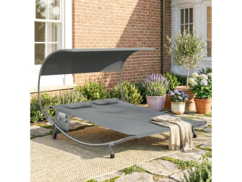  Bain de soleil double avec auvent amovible, roulettes, coussins et poches, 180 x 200 x 170 cm, gris  - Conforama C