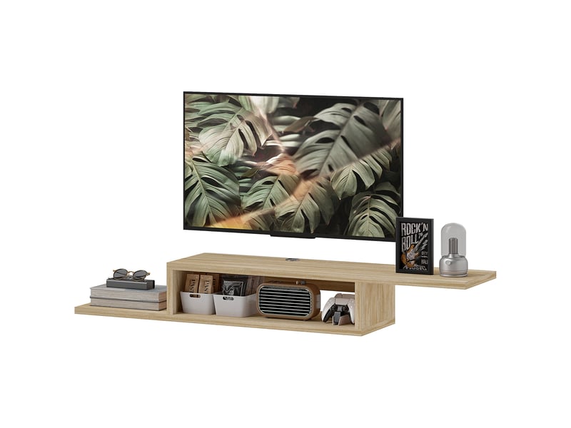  Meuble tv mural suspendu avec niche et 2 passe-fils coloris chêne clair 152 x 29 x 21 cm  - Conforama B