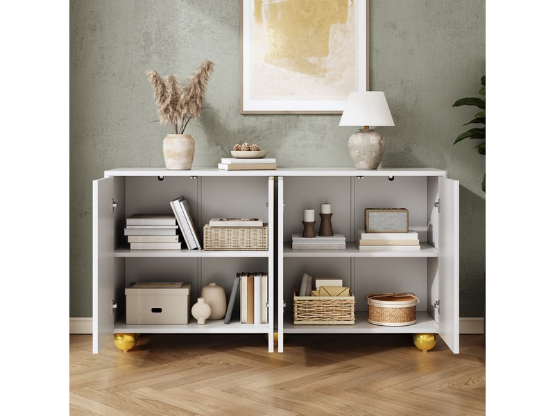 Buffet blanc 140 x 40 x 74 cm avec 4 portes, pieds en métal, 2 compartiments avec étagères, pour salon, salle à manger et entrée  - Conforama D