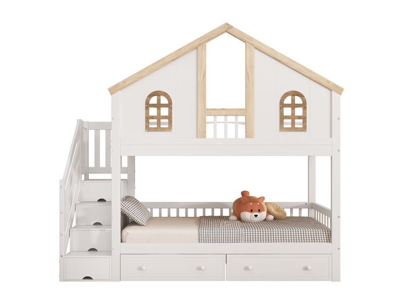  Lit superposé enfant cabane 90x200 cm avec escalier rangement,  blanc et bois, sans matelas  - Conforama A