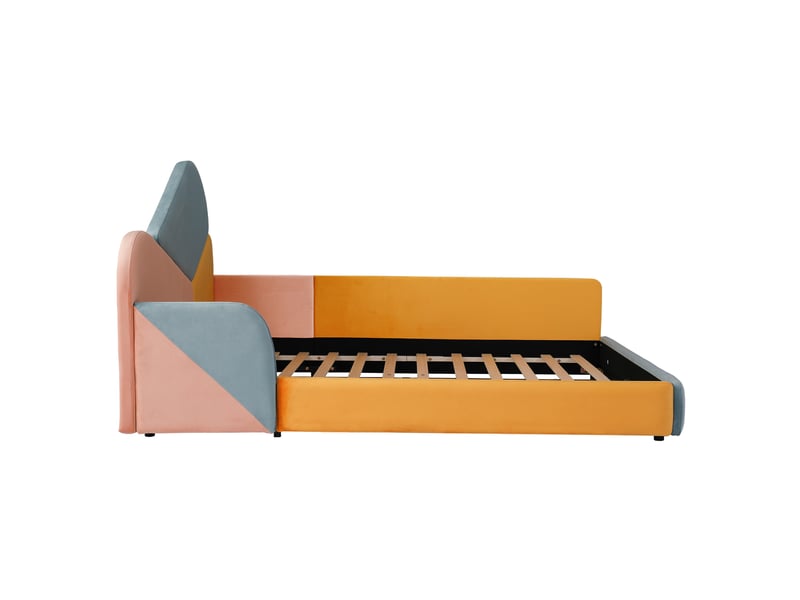 Lit enfant 140x200 cm avec sommier à lattes, velours bleu patchwork et protection latérale - Conforama D