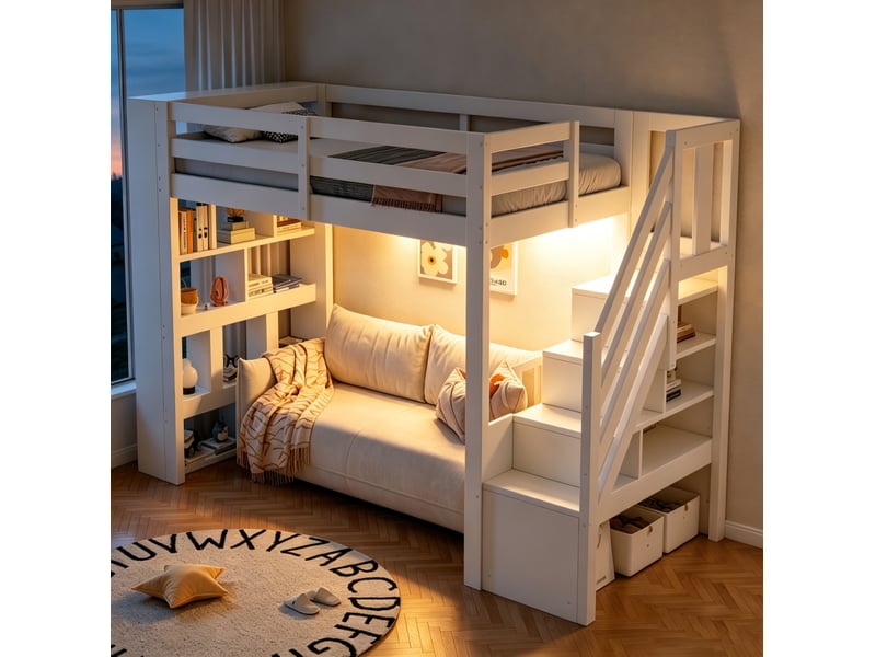  Lit mezzanine 90x200 cm, escalier de rangement, garde-corps, led, 15 lattes, bois et mdf, blanc et bois sans matelas  - Conforama D