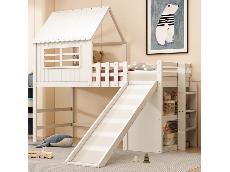 Lit mezzanine enfant 90x200 cm avec toboggan allongé, échelle et espace de rangement, bois, couleur blanc, sans matelas - Conforama E