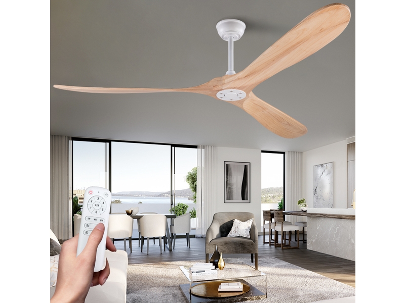  Ventilateur de plafond 70 pouces sans lumière, télécommande, structure bois et métal, 6 vitesses, moteur dc silencieux, couleur couleur blanc naturel  - Conforama A