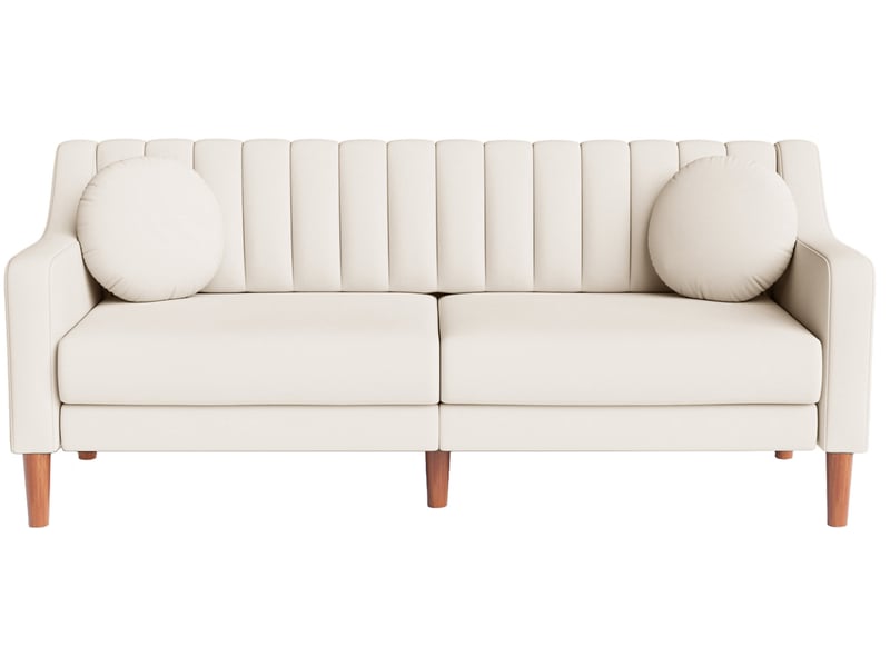 Grand canapé 3 places en velours avec 2 oreillers,pieds bois massif,canapé scandinave moderne pour salon bureau, 206x74x83cm, beige 206x74x83cm - Conforama A