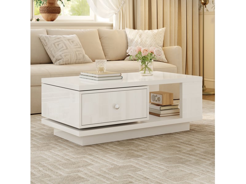  Table basse tcqpz 90 x 48 x 35 cm avec tiroir pivotant et niche ouverte blanc  - Conforama E