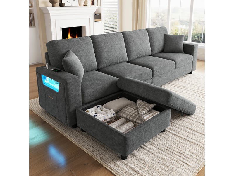  Canapé d’angle modulable 282 cm 4 places avec pouf coffre mobile, accoudoir avec rangement, led 3 couleurs, usbtype-c, flanelle, gris  - Conforama C