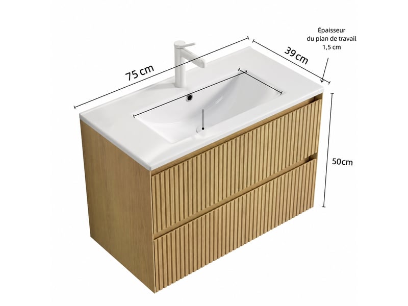 Meuble vasque suspendu 75 cm avec vasque intégrée en céramique blanche, 2 tiroirs, chêne doré - Conforama E