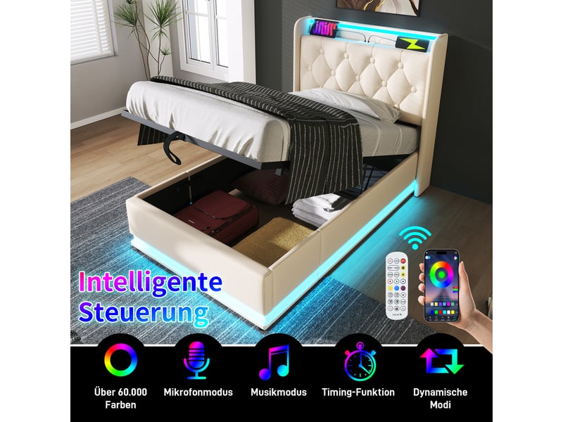  Lit rembourré 90*200 cm avec led 360°, usb-c et coffre hydraulique, lit simple blanc pu, sans matelas  - Conforama D