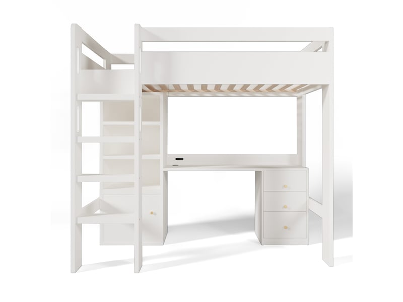  Lit mezzanine 90x200 cm avec bureau intégré, usb-c, armoire et coffre, escalier, sommier inclus - matelas non fourni  - Conforama A