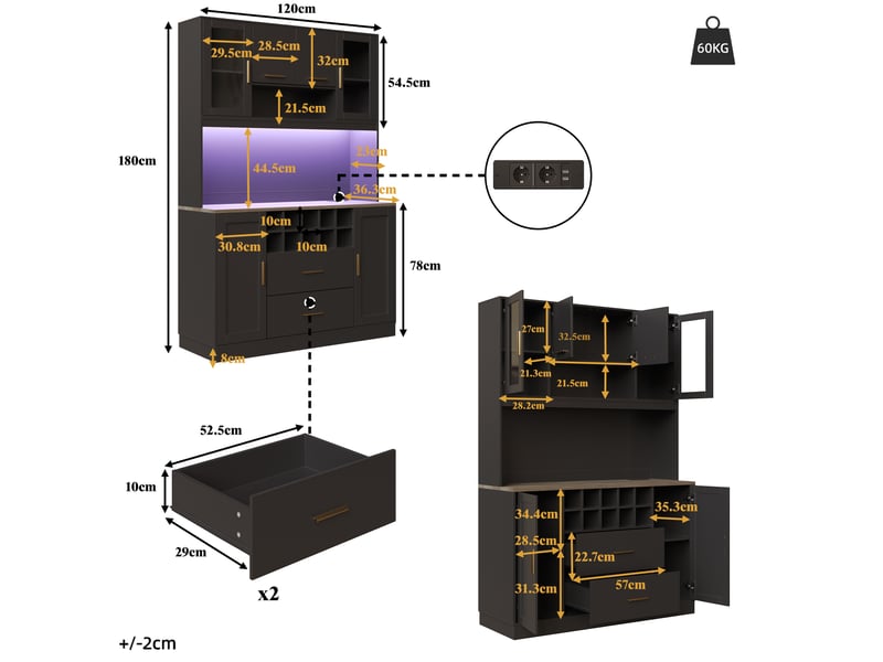  Buffet haut 120 x 36,3 x 180 cm, 6 portes, 2 tiroirs, led et prises noir  - Conforama C
