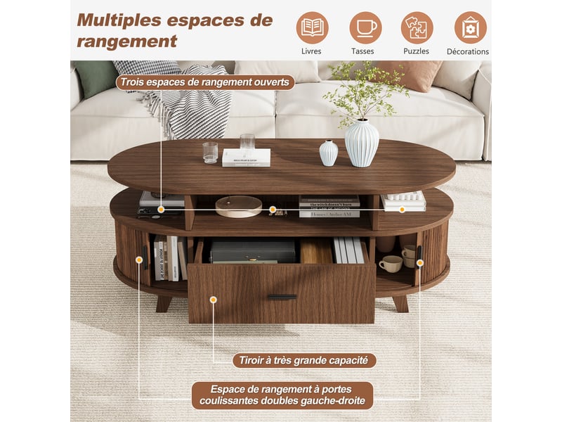 Table basse ovale avec rangement, 1 tiroir, aspect noyer, 100 x 50 x 40 cm - Conforama R