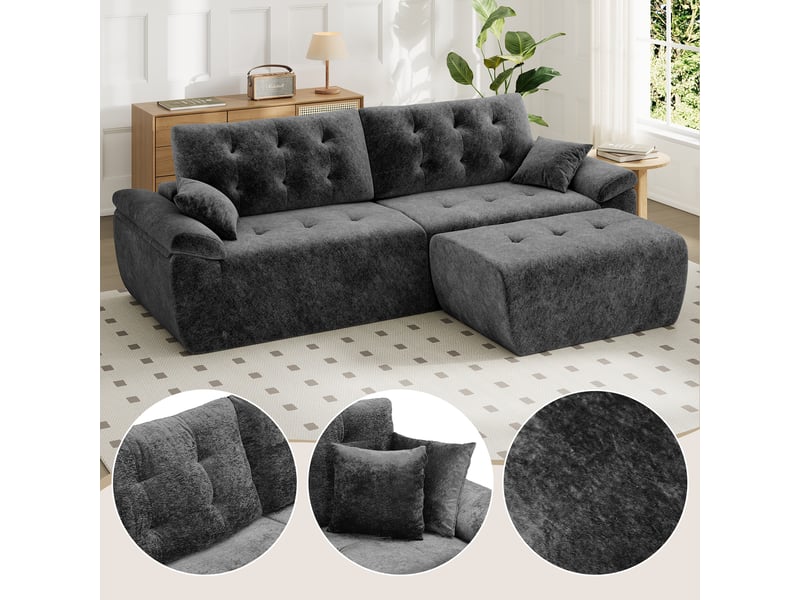 Canapé modulable en chenille gris mousse haute densité avec pouf,canapé salon 275cm style nuage confortable,compressé sans montage 275x174x66CM - Conforama R