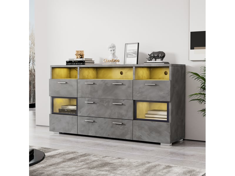  Buffet moderne 140x33,5x72,5 cm avec éclairage led, 2 portes en acrylique transparent et 3 tiroirs - couleur grise  - Conforama E