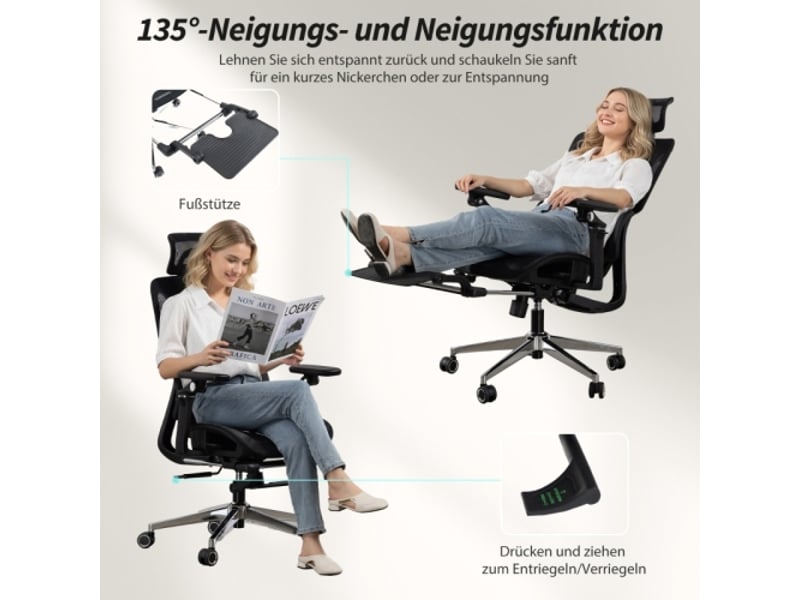 Chaise de bureau ergonomique en mesh, appui-tête et soutien lombaire réglables, noir, repose-pieds - Conforama B