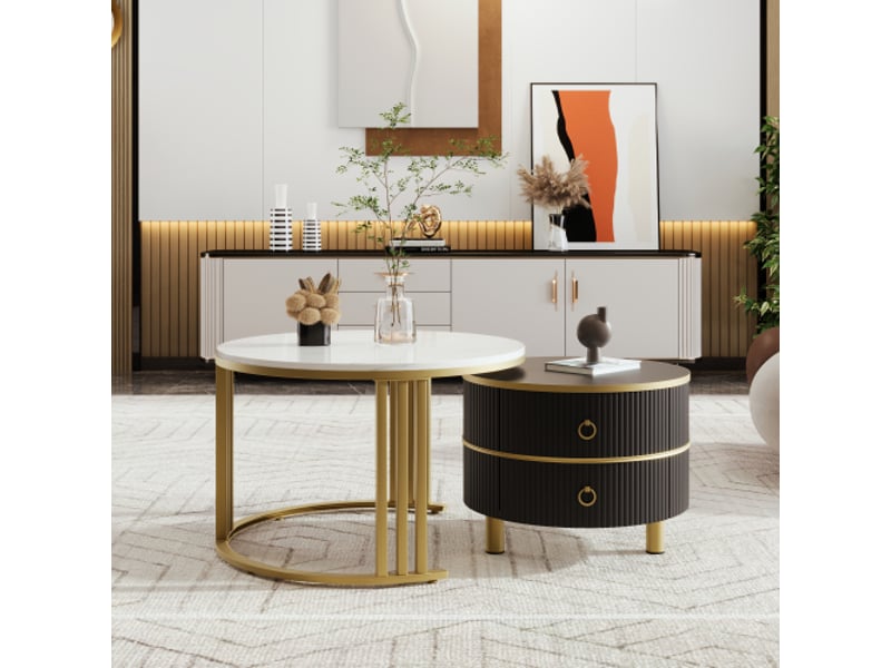  Lot de 2 tables basses gigognes blanches et noires avec plateau à motif marbre, 2 tiroirs et garniture dorée  - Conforama C