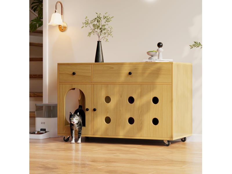  Meuble litière féline 100x45x66 cm – naturel – 2 tiroirs, porte ventilée et roulettes mobiles  - Conforama E