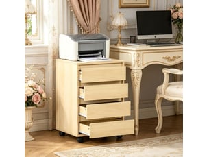 Caisson de bureau mobile 46 x 40 x 65 cm naturel en mdf, 4 tiroirs et 2 roulettes avec freins