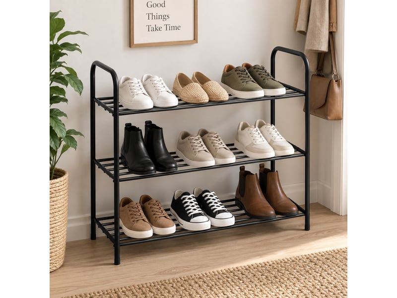 Étagère à chaussures empilable 3 niveaux en métal noir, capacité 9 paires - longueur 63 x profondeur 28 x hauteur 59 cm - Conforama B