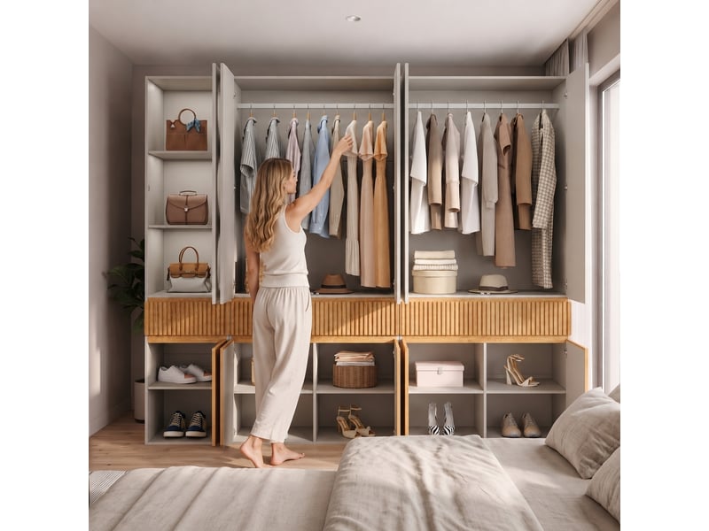  Armoire 10 portes chêne clair 225x200 cm avec 3 tiroirs et 2 penderies pour chambre  - Conforama B