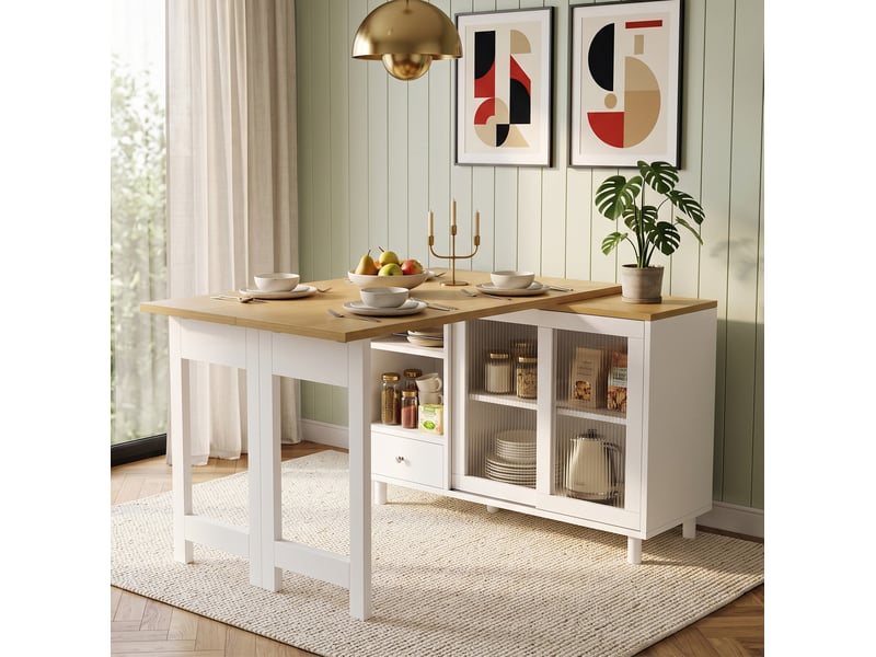  Table à manger pliante extensible 120 cm avec rangement, mdf, blanc et naturel  - Conforama E