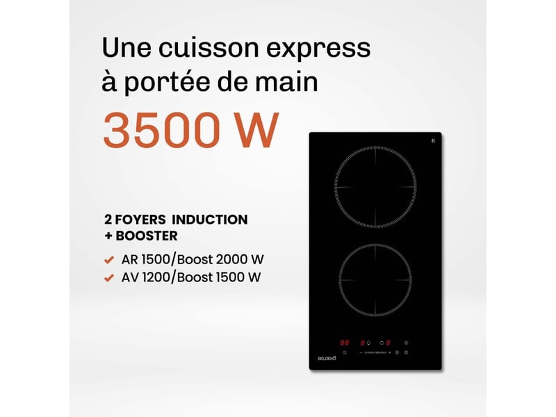  Beldeko plaque induction 2 feux 3800 w - domino - 2 booster - minuteur - prise - marque française  - Conforama E