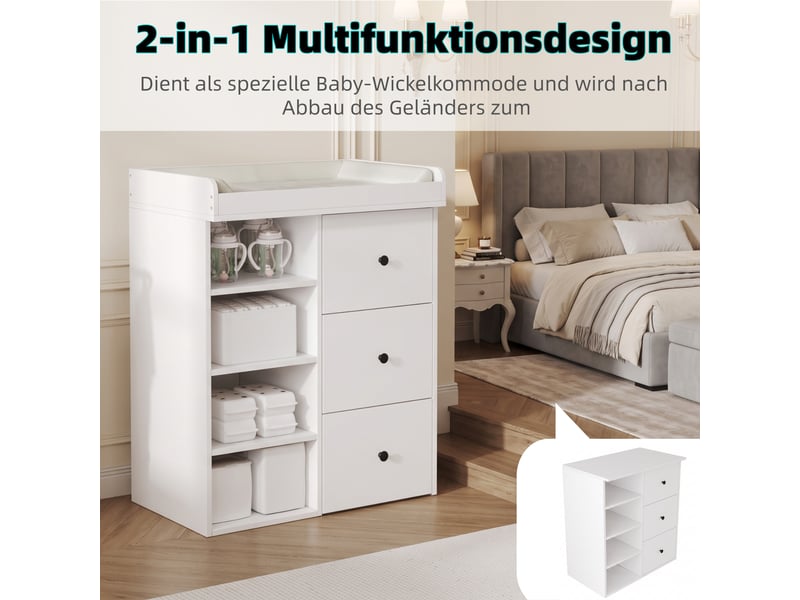  Commode à langer blanche 82 x 50 x 100 cm en mdf, poignées noires, barrière amovible, tiroirs et niches  - Conforama D