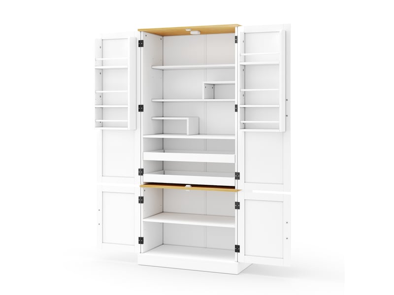  Armoire de cuisine blanche 180 cm, meuble de rangement avec capteur de mouvement, étagères réglables et tiroirs, mdf  - Conforama B