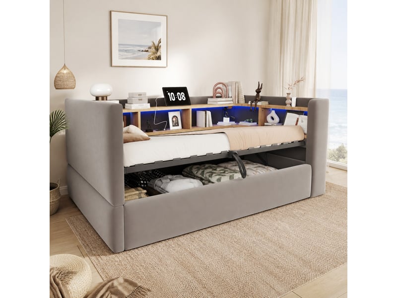  Lit banquette 90 × 190 cm 1 place avec coffre, led, prises et étagères, sans matelas, en flanelle, gris foncé  - Conforama C