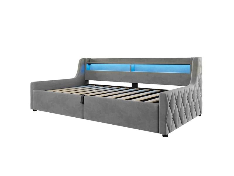  Lit pour jeune, 90x200 cm, coffre avec ouverture hydraulique, tete de lit led, allure moderne, flanelle, coloris gris  - Conforama A