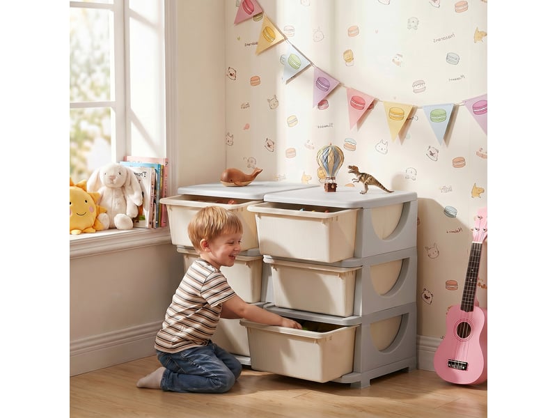 Tour de rangement pour enfants avec 6 tiroirs, organisateur de jouets avec bords arrondis et poignées, 75 x 37 x 56,5 cm, crème - Conforama B