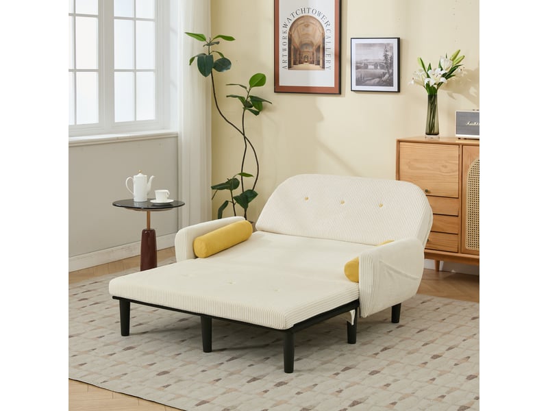 Fauteuil relax convertible avec coffre de rangement, canapé lit 2 places en tissu côtelé ivoire pour salon moderne - Conforama R