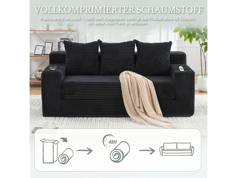  Canapé 3 places en velours côtelé, sans montage, design modulaire, porte-gobelets, rangements latéraux, 172×87×64 cm  - Conforama W