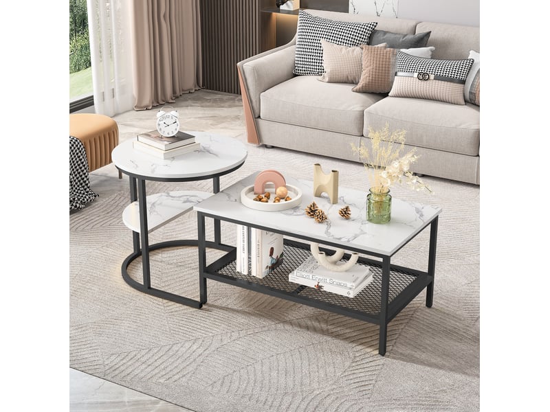  Lot de 2 tables gigognes noires en bois et acier inoxydable, effet marbre  - Conforama C