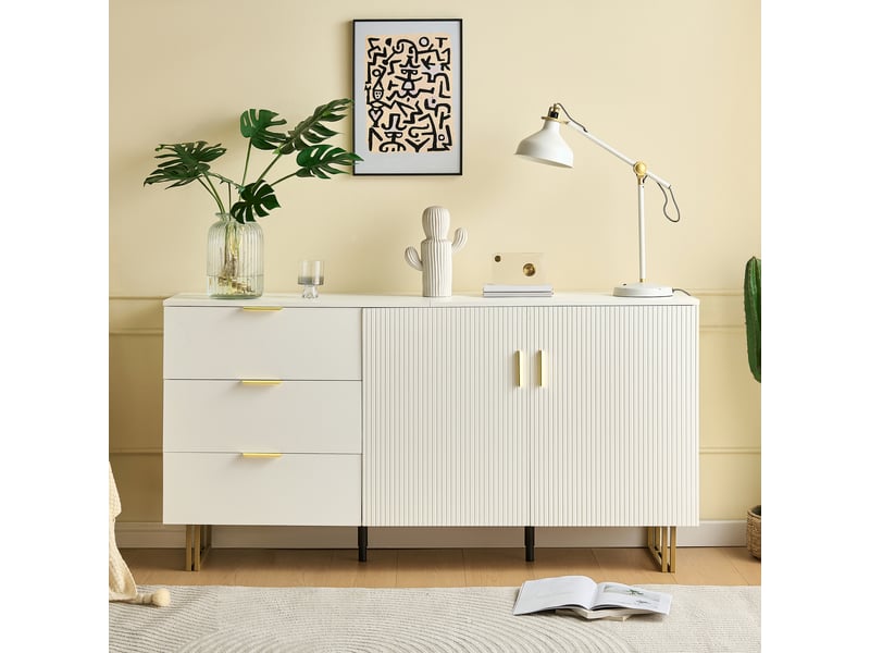  Buffet avec 2 portes, 3 tiroirs et poignées dorées en mdf 160×40×81,5 cm blanc  - Conforama B