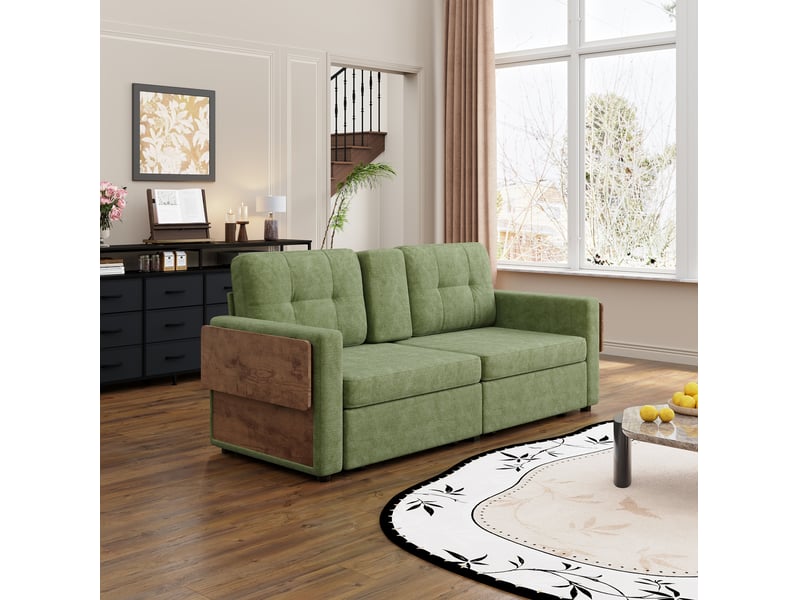  Canape droit 2 places 178x71x57,5 cm avec rangements et table réglable,  2 tiroirs, couleur vert, moderne  - Conforama E