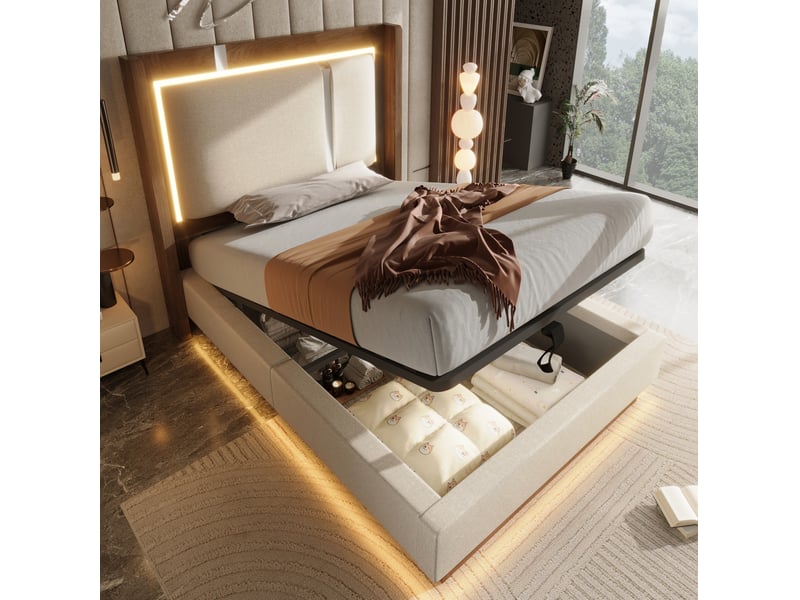  Lit coffre 90x200 cm éclairage led, en lin et bois beige et noyer  - Conforama C