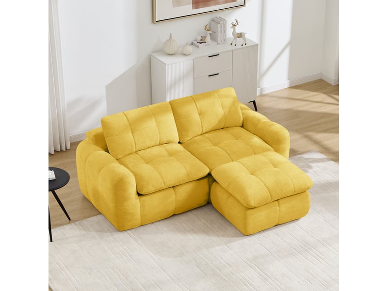 Canapé d'angle modulable 2 places avec ottoman en chenille jaune - Conforama B
