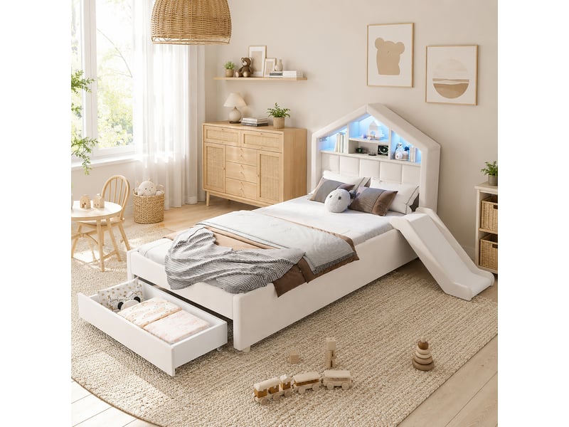 Lit enfant 90x200 cm beige, lit maison capitonné, toboggan réversible, led, prise, étagère, coffre - Conforama B