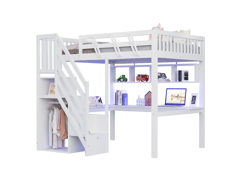 Lit mezzanine 140×200 cm avec rangement, bureau et led, bois, blanc, sans matelas - Conforama A
