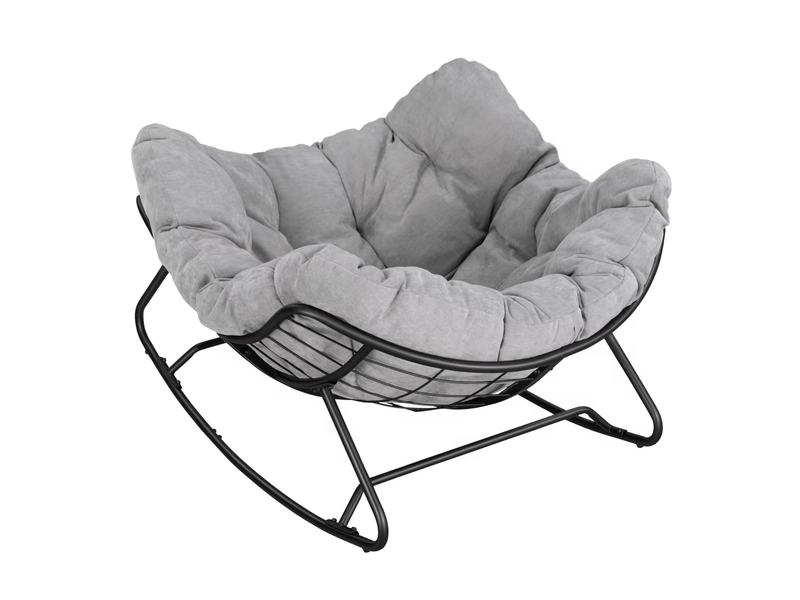 Fauteuil à bascule enveloppant avec assise profonde et coussin rembourré en chenille et métal gris clair, 91×102,5×77 cm - Conforama A