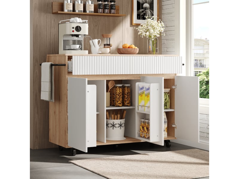  Îlot de cuisine mobile avec plateau rabattable, blanc et bois, 120 x 65 x 91 cm  - Conforama R