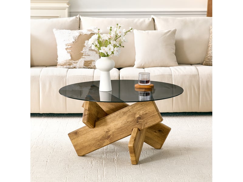  Table basse ronde en verre trempé ø 79 cm aspect bois homvra  - Conforama B
