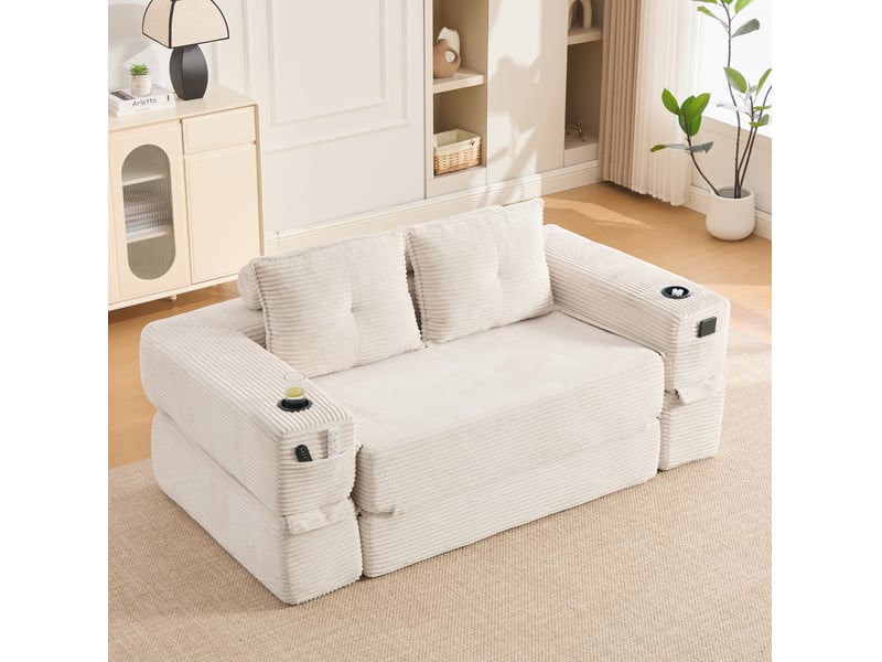  Canapé convertible 2 places modenvie en velours côtelé beige avec coffre de rangement, porte-gobelet et coussins mémoire 180 x 98 cm  - Conforama B