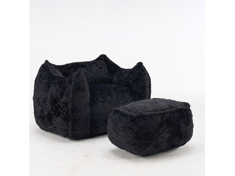  Fauteuil‑poire géant 123x157x73 cm fauteuil lounge avec coussin et pouf, sans montage, remplissage mousse, fausse fourrure, noir  - Conforama A