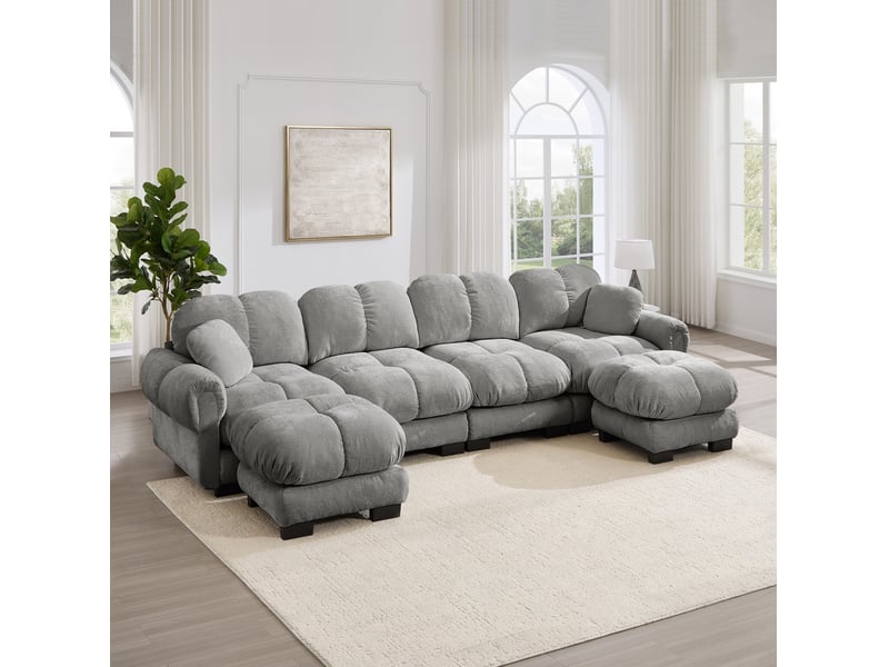  Canapé d’angle modulable 4 places modenvie, configuration en u ou en l, revêtement en chenille gris clair, 2 poufs mobiles, 330 x 149 x 90 cm  - Conforama D