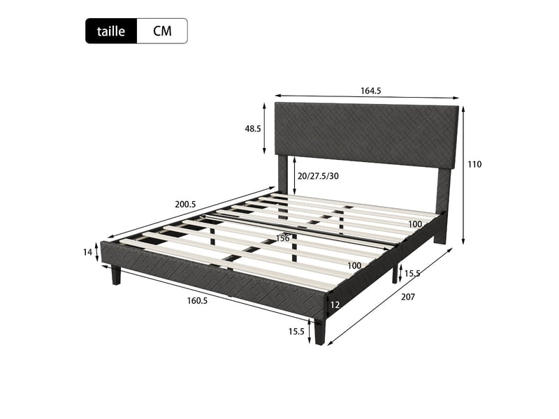 Lit 2 places 160 x 200 cm - tissu gris - tête de lit capitonnée et cadre rembourré  - Conforama C