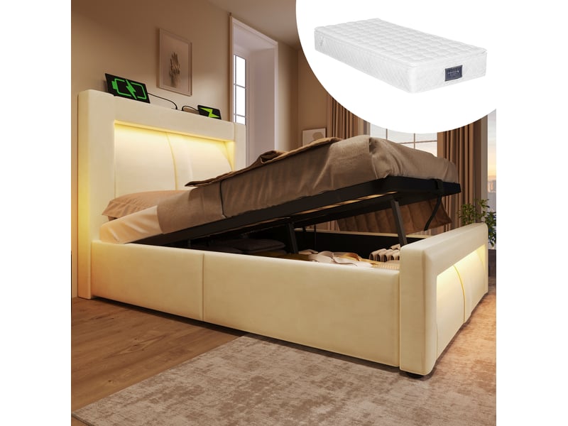 Lit coffre 90x200 cm rangement led ports usb et type c en velours beige - Conforama C