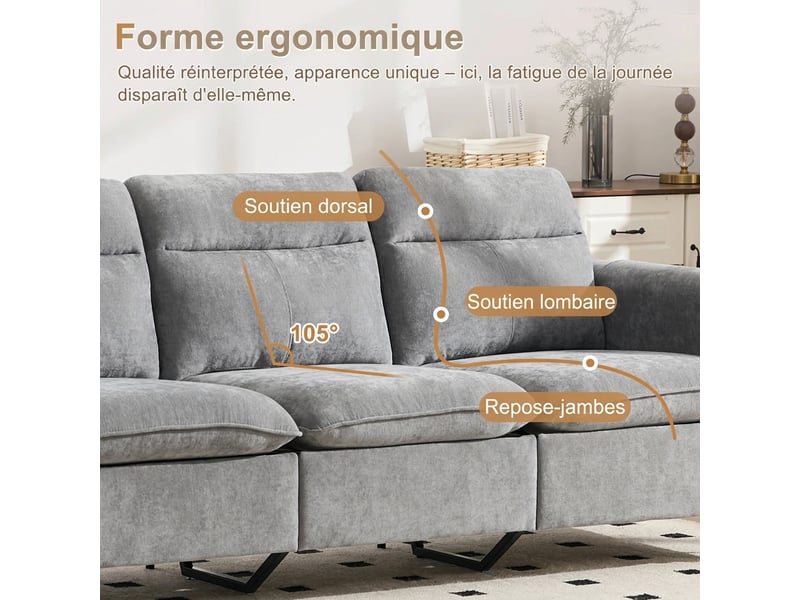 Canapé d'angle 3 places avec méridienne réversible 201 cm rangement intégré gris clair - Conforama W
